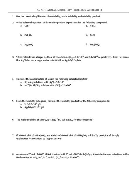 Solubility Ksp Worksheet 1 Worksheets Library