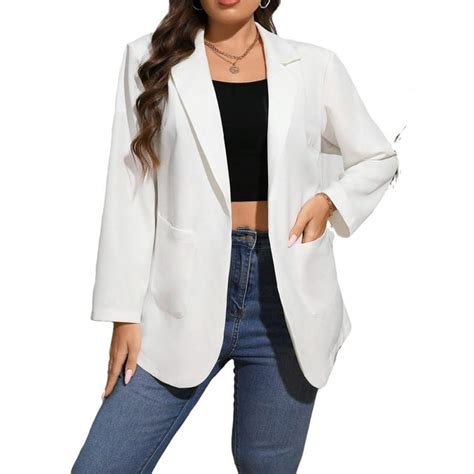 Elegant Plain Lapel Neck Long Sleeve White Plus Size Blazers Womens