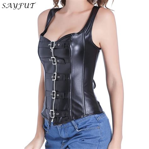 Sayfut Women Faux Leather Overbust Zipandbuckle Up Corset Steel Boned Waist Trainer Body Control