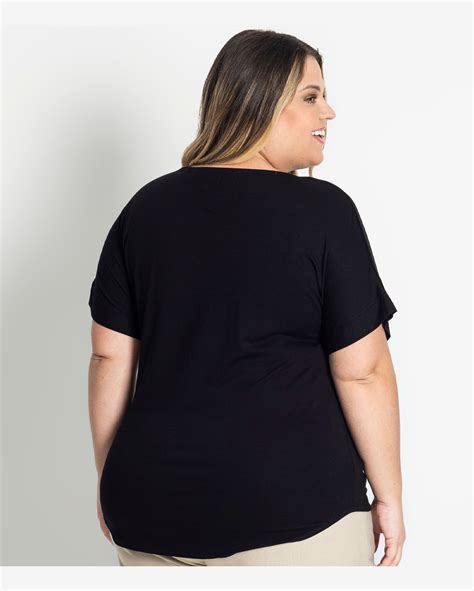 Riachuelo Blusa Feminina Plus Size Decote V Secret Glam Preto