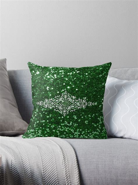 Green Faux Glitter Silver Jewel Design Throw Pillows By