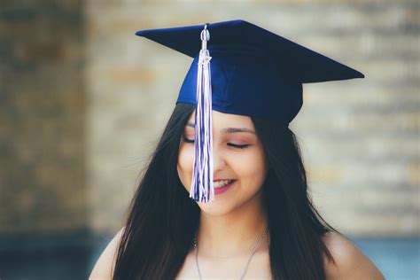 University Graduation Gown Girl Mortarboard Hair Blue Happiness