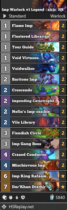 Imp Warlock 1 Legend Zlsjs HS Hearthstone Standard Decks