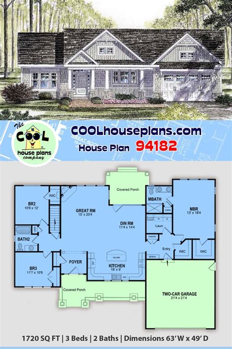 Traditional Style House Plan 94182 With 3 Bed 2 Bath 2 Car Garage