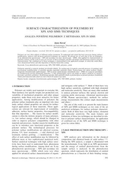 Surface Characterization Of Polymers By Xps And Sims Techniques