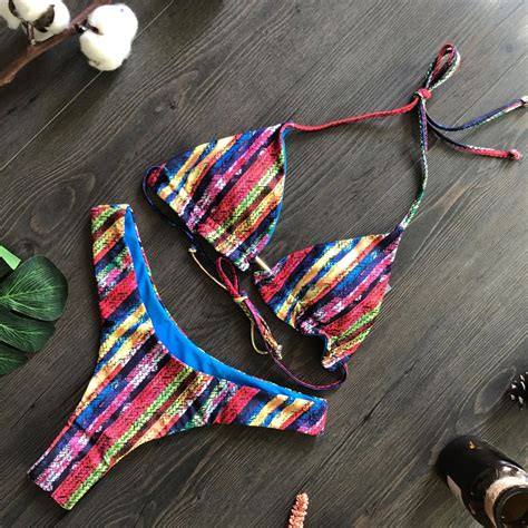 Multicolor Striped Bikini String Backless Triangle Thong Swimsuit Vintage Trend Y K Swimwear