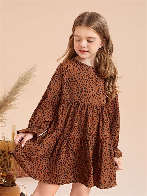 Shein Tween Girl Dalmatian Print Flounce Sleeve Ruffle Hem Dress