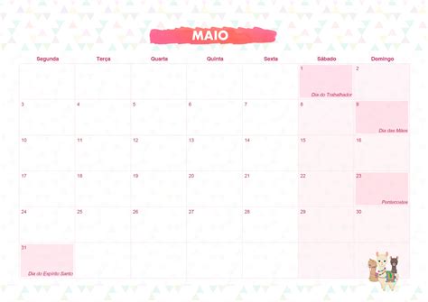 Calendario Mensal Lhama Rosa Maio Fazendo A Nossa Festa