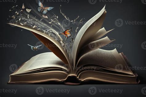 Open Book With Butterflies Flying Out Of It Stock Photo At