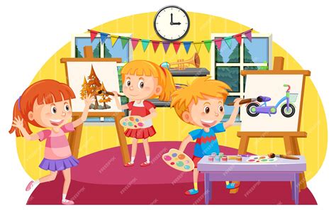 Premium Vector Happy Children In An Art Class Painting