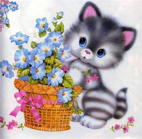 Flower Kitty Cute Art Basket Flowers Kitten Hd Wallpaper Peakpx