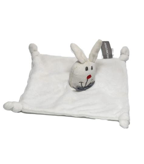 Doudou Plat Lapin Blanc Noeud Satin Gris Orchestra