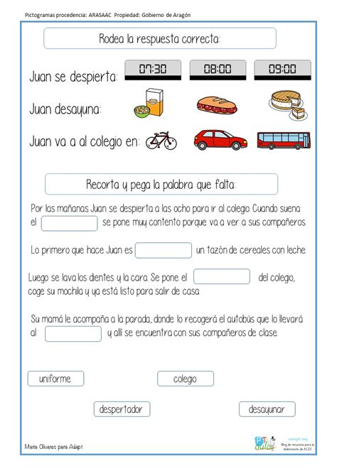 Lectura comprensiva: Las mañanas de Juan - Aula PT