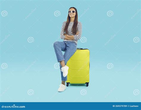 Pretty Smiling Girl Sitting On Large Yellow Suitcase Stock Image Image Of Case Beautiful