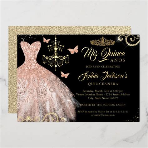 Rose Gold Black Butterfly Tiara Dress Quinceanera Foil Invitation