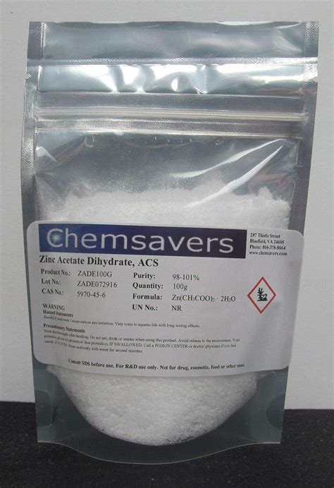 Zinc Acetate Dihydrate Acs 98 101 100g Industrial