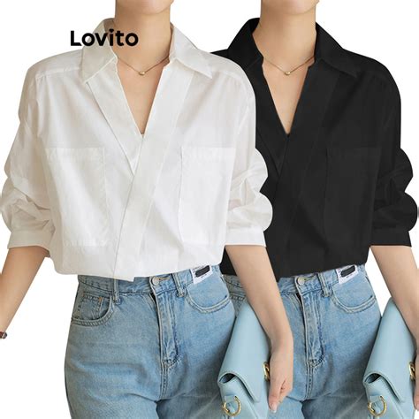 Lovito Casual Plain Asymmetrical Pocket Blouse For Women Lne