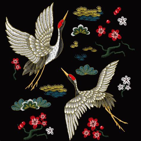 Floral Crane Embroidery Pattern Ready To Print Design Etsy In