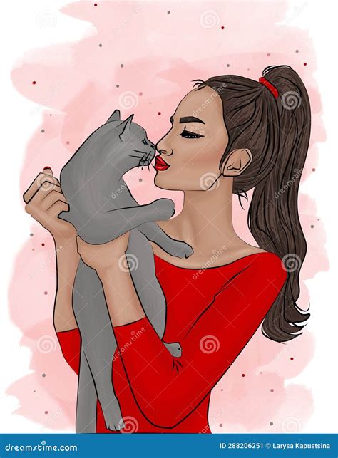 Illustration Hugs And Kisses Girl And Cat Stock Illustration Illustration Of Female Head