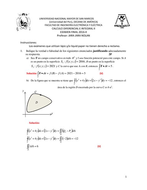 Examen Final Calculo II 2016 II UNIVERSIDAD NACIONAL MAYOR DE SAN