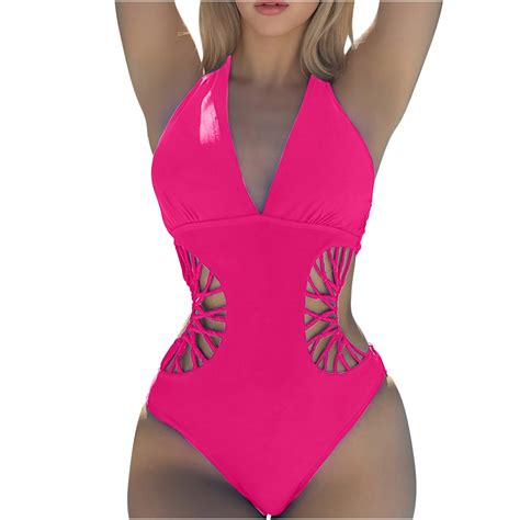 Deholifer Women S Swimsuit Sexy Deep V Neck Hollow Out Solid Color