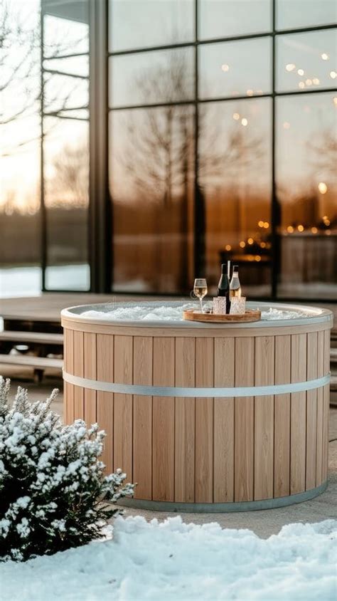 Enjoy A Serene Moment In A Wooden Hot Tub By A House Featuring A Cocktail And Stunning Sunset