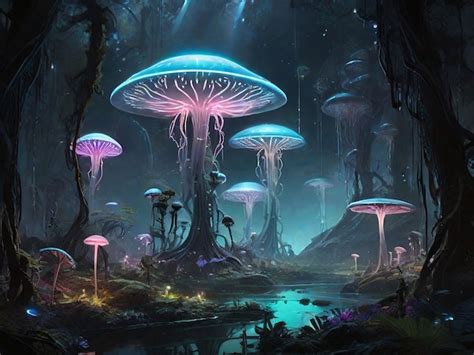 Un Paisaje Alien Gena Con Plantas Brillantes En Otro Planeta Concepto