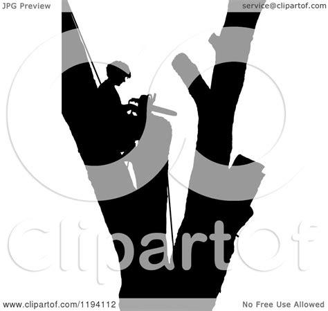 Cartoon Of A Silhouetted Remorseful Arborist In A Branchless Tree With