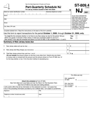 Fillable Online Tax Ny Form ST 809 4 October 2000 Part Quarterly