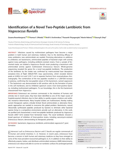 PDF Identification Of A Novel Two Peptide Lantibiotic From Vagococcus