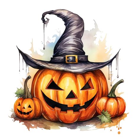 Premium Ai Image Halloween Evil Pumpkin With Hat Watercolor