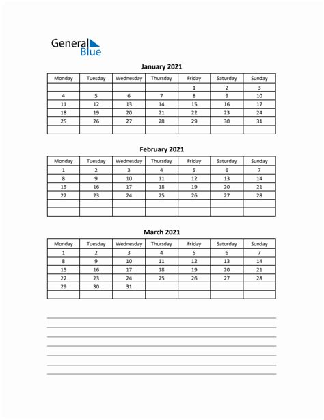 Free Printable Q1 Quarterly Calendar 2021