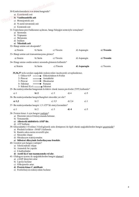 Biyokimyada Metabolik Yollar B T Nleme Sorular A Grubu Sayfa