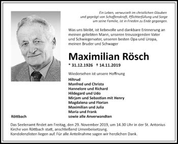 Traueranzeigen von Maximilian Rösch Trauerportal Ihrer Tageszeitung