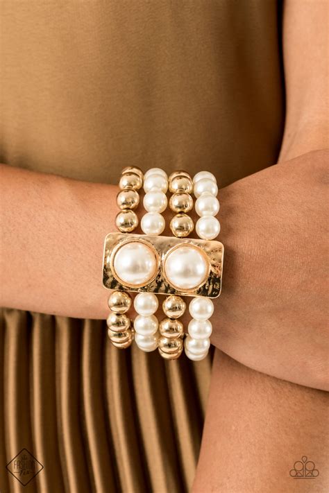 Wealth Conscious Gold And White Pearl Stretch Bracelet Paparazzi Flamingo Angie