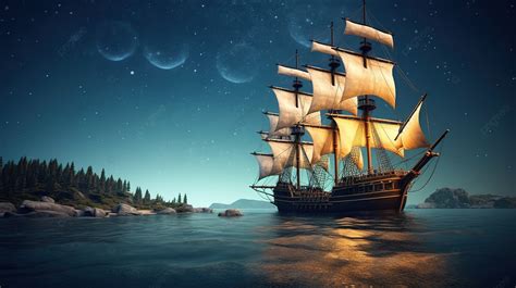 Fondo Antiguo Barco Pirata Bajo La Luna Llena En El Mar 3d Render Fondo