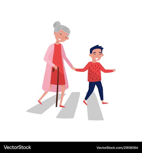 Polite Boy Helps Elderly Woman To Cross The Road Vector Image