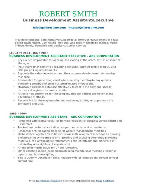 Download Free Business Development Assistantexecutive Resume Docx Word Template On