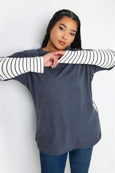 Yours Plus Size Navy Blue Stripe Sleeve Double Layer T Shirt Yours