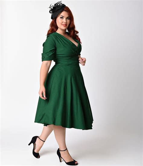 Unique Vintage Plus Size 1950s Emerald Green Delores Swing Dress With