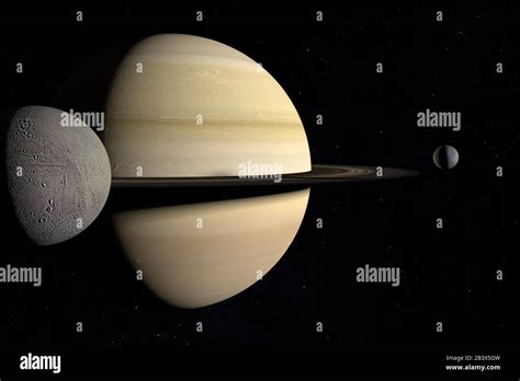 Enceladus Orbiting Around The Saturn Planet Together To Mimas D