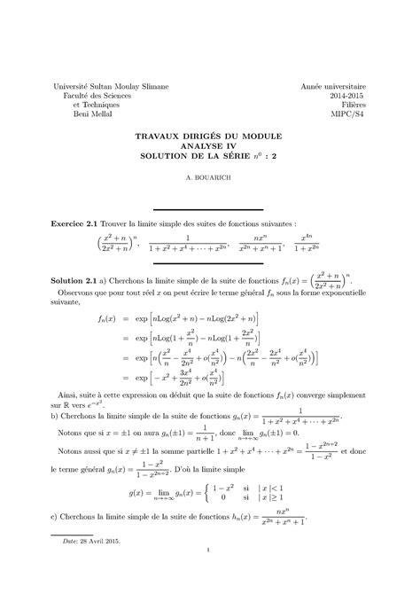 Solution Td2 Analyse 4 Universit ́e Sultan Moulay Slimane Ann ́ee