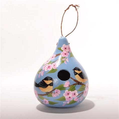 Hand Painted Gourd Birdhouse With Chickadees And Cherry Etsy Hand