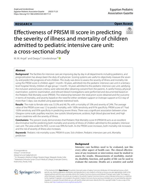 Pdf Effectiveness Of Prism Iii Score In Predicting The Severity Of