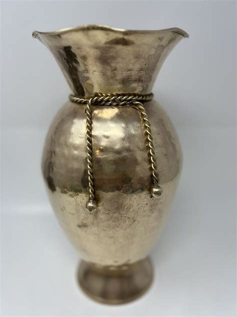 Hammered Tall Solid Brass Vase Braided Metal Cording Vintage 11 34 Tall India Etsy