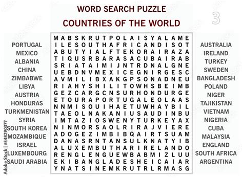 Word Search Puzzle Vector Word Find Game Illustration Countries Of