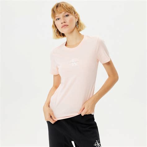 Calvin Klein Monogram Logo Slim Fit Kadın Pembe T Shirt Kadin T Shirt