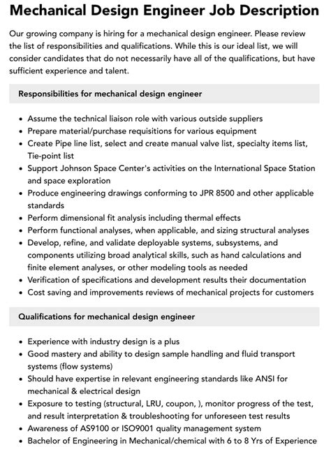 Mechanical Design Engineer Job Description Velvet Jobs