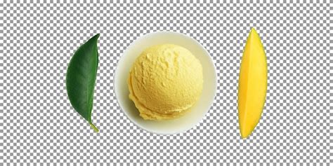 Un tazón de helado de mango con una rodaja de mango sobre fondo