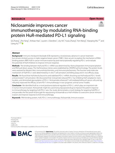 PDF Niclosamide Improves Cancer Immunotherapy By Modulating RNA